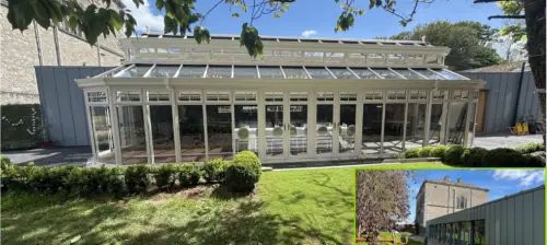 Ultraframe SkySpace aluminium portal frame and glazed roof forming a wide-span extension at Bellinter House Hotel.